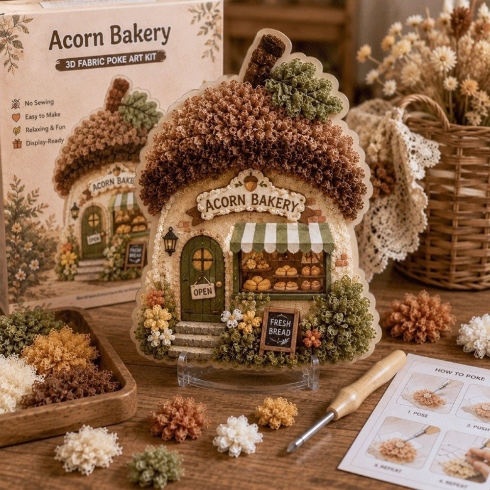 Sewing Textile Art - House Scene Poke Art Kit Mushroom